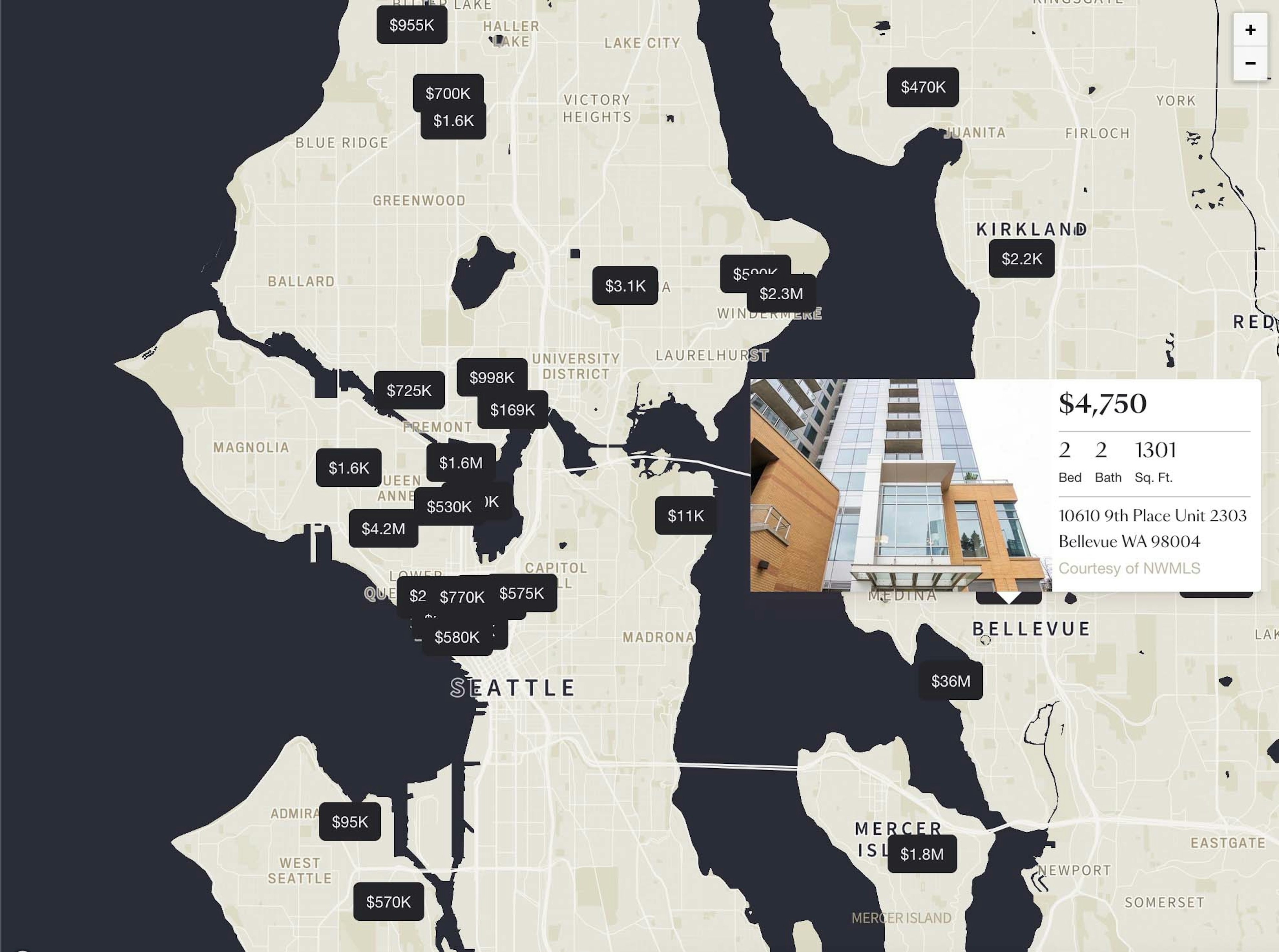 Map of Seattle displaying properties for sale